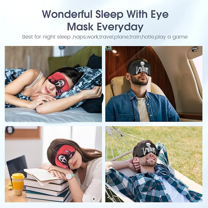 2 Pcs Human Skulls Sleep Halloween Mask for Women Men, Silk Eye Covers for Sleeping, Adjustable Strap & Light Blocking Design, Adult Children's Bedtime Blindfold for Travel and Home Use (Human Skulls) - Bloomnest