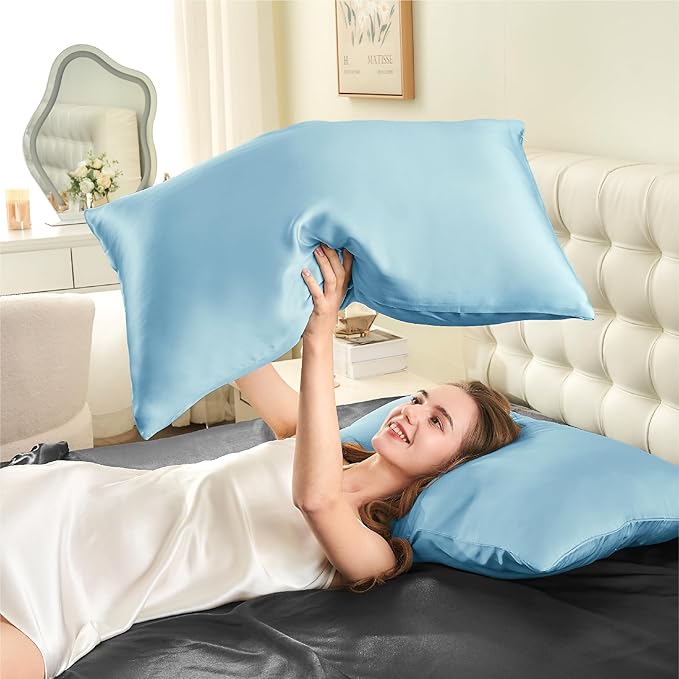 INFIIXSO Mulberry Silk Pillowcase for Hair and Skin, Silk Pillow Cases Queen Size Set of 2 with Hidden Zipper 20x30 Inches, Smooth and Soft Cooling Pillow Cases for Hot Sleepers(Light Blue, 2 Pack) - Bloomnest