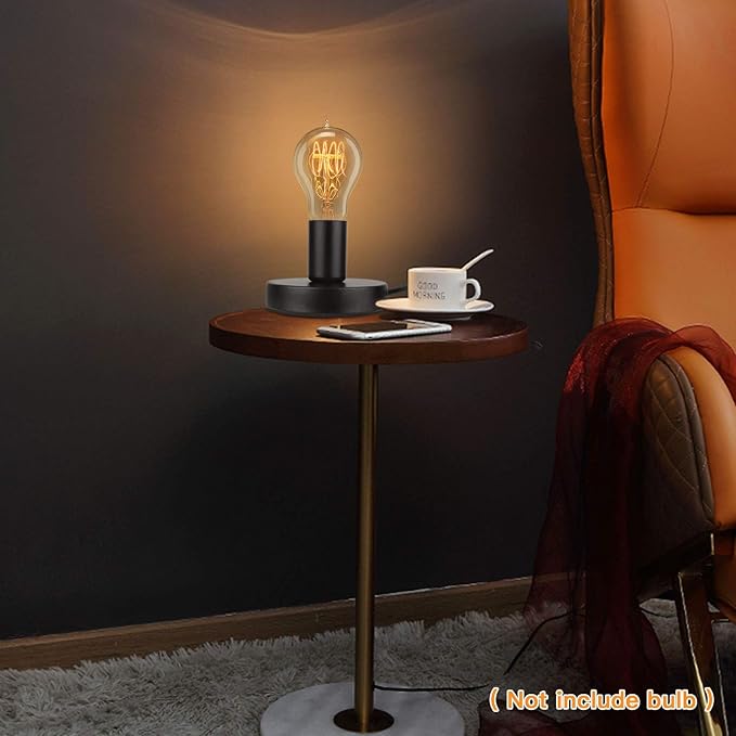 Helunsi Industrial Table Lamp Base, E26 E27 Lamp Base Without Shade, Mini Short Desk Lamp Exposed Bulb Base, Simple Metal Edison Light Bulb Stand, with 5.8ft Cord Switch Plug Bulb Base Holder (Black) - Bloomnest