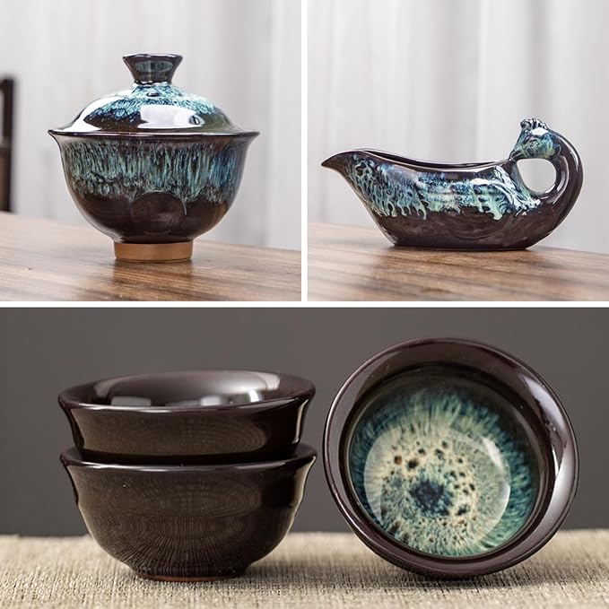 Chinese Gongfu Tea Set - Ceramic Teapot with Infuser, 8 Cups, Semi Automatic Dragon Design for Loose Leaf Tea