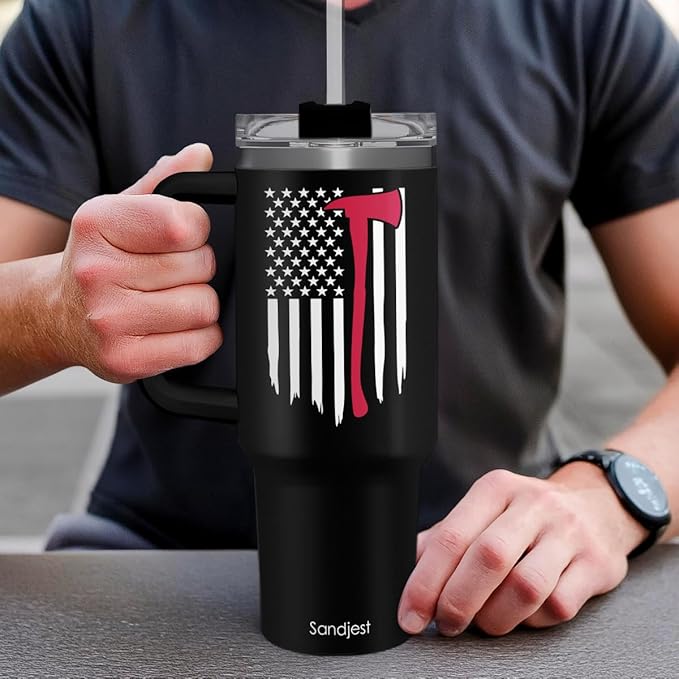 SANDJEST Firefighter Gifts for Men, 40oz Stainless Steel Insulated Coffee Tumbler with Lid & Straw, Travel Mug Cup Gift for Fireman Dad, Christmas Birthday - Bloomnest