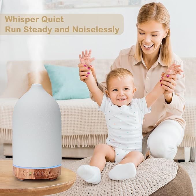 Diffuserlove Ceramic Essential Oil Diffuser 160ML Aromatherapy Diffuser for Home Bedroom Room Cool Mist Humidifier Stone Air Diffusers with Yellow Wood Pattern Base (Size:6.8" H x 3.6" W) - Bloomnest