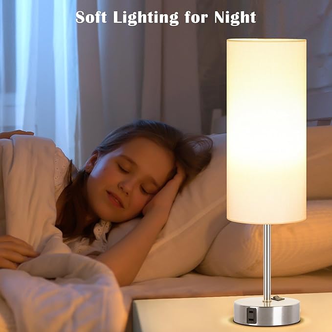 ZJOJO Table Lamp for Bedroom 2 Pack,18in Bedside Lamps with 3 Way Dimmable Rocker Switch & AC Outlet,Nightstand Desk Lamp with White Fabric Shade Nickel Basee for Living Room Home Decor Lights - Bloomnest