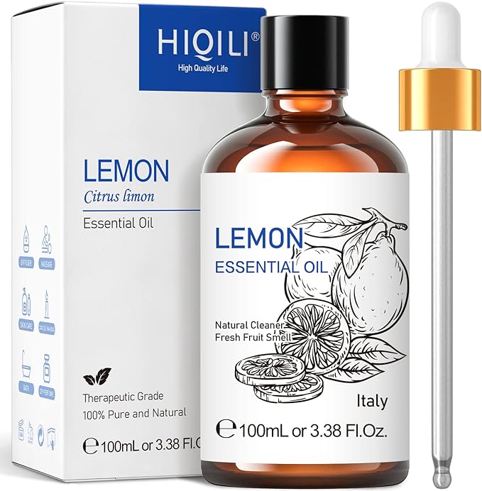 HIQILI Lemon Essential Oil, Household Cleaning, Air Purification, Skin Care, Can be Added to Cleansers, Sprays, Body Lotions Use - 3.38 Fl Oz/100ML - Bloomnest