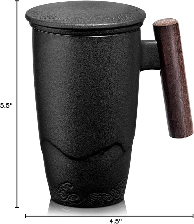 suyika Tomotime Ceramic Tea Cup with Infuser and Lid Tea Mugs Wooden Handle 400ml/13.5oz Black