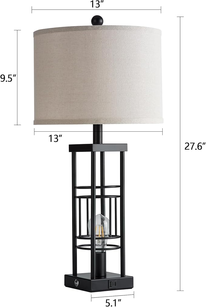 Table Lamp for Living Room Set of 2 with USB Charging Ports, 3-Way Dimmable 27.6" Farmhouse End Lamps for Bedroom, Rustic Bedside Lamp, Industrial Nightstand Lamps,Bulbs Included(Black) - Bloomnest
