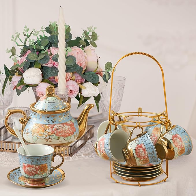20Pcs Porcelain Tea Set for Adults, European Ceramic Tea Set Flower Ceramic Tea Cups, Teapot, & Saucers with Metal Holder for Women Tea Party (Blue) - Bloomnest
