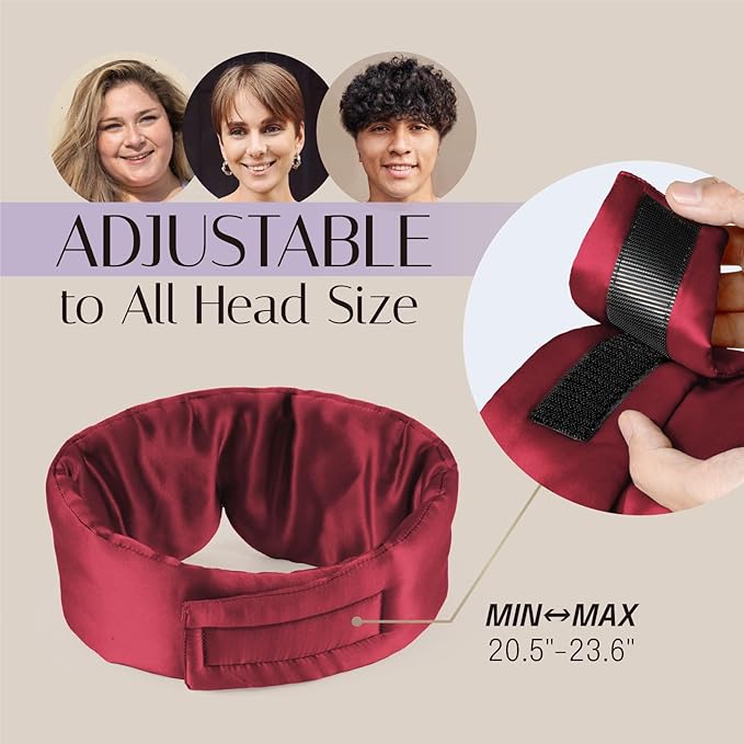 Silk Sleep Mask Soft Pressureless: 100% Mulberry Silk for Eye Skin Anti Wrinkles, Large Size for Total Blackout, Adjustable Wide Velcro Ear Cover, Burgundy