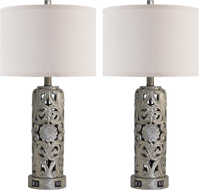 25'' Set of 2 Industrial Table Lamps for Living Room with Dual USB Ports, Vintage Resin Nightstand Lamp for Bedroom with Nightlight, Antique Rustic Desk Lamp for Entryway, 2 Bulbs Included - Bloomnest