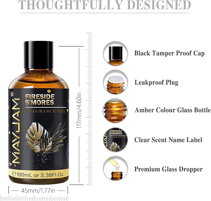 Fireside S'Mores Fragrance Oil Essential Oil, MAYJAM 3.38FL.OZ Fireside S'Mores Oil for Diffusers for Home, Long Lasting Scented Oils for Soap Candle Making - 100ML MAYJAM