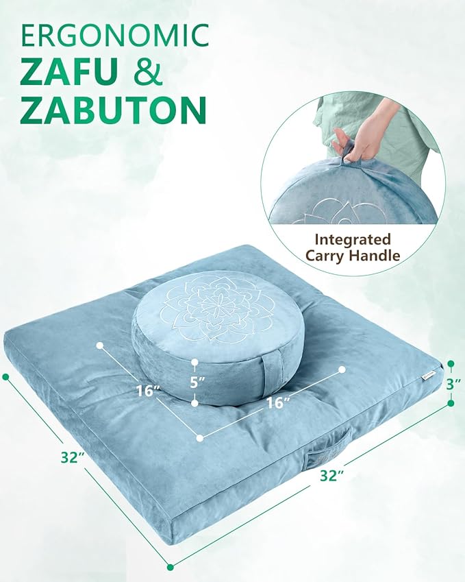 Hihealer Meditation Cushion Set Large Velvet Floor Pillow & Traditional Tibetan Yoga Bolster for Adults Zafu Meditation Mat with Buckwheat Filling - Bloomnest