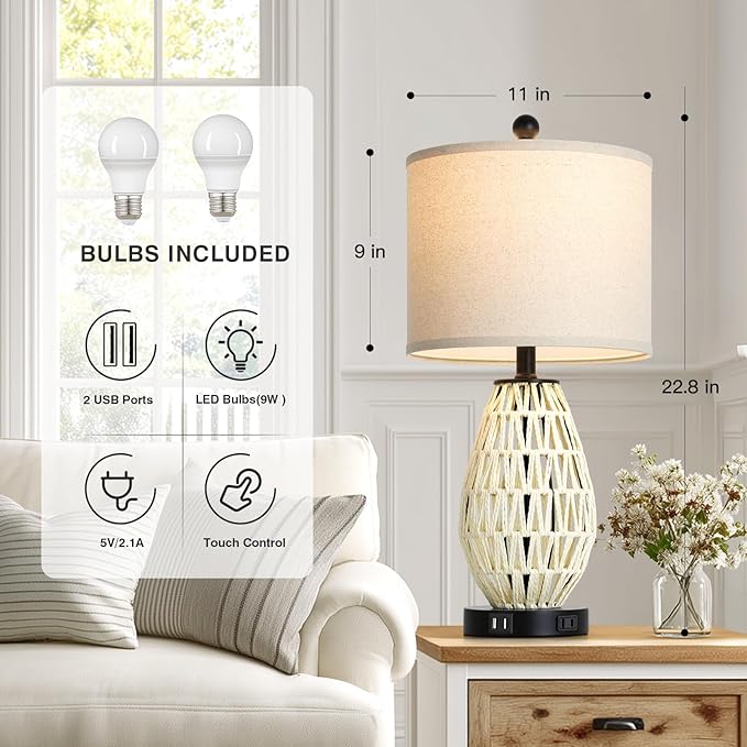 White Rattan Table Lamps Set of 2, 3 Way Dimmable Touch Control Bedside Lamp for Nightstand with 2 USB Ports and AC Outlet, Woven Wicker Bedroom Lamp, Boho Farmhouse Lamps for Living Room End Table - Bloomnest