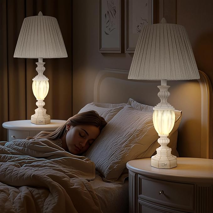 27" Rustic End Table Lamp Set of 2 with Night Light for Bedroom Living Room USB Charging Pots Farmhouse Bedside Lamp with Pleated Shade Boho Nightstand Lamps for Room Office Hotel Dorm(Bulb Included) - Bloomnest