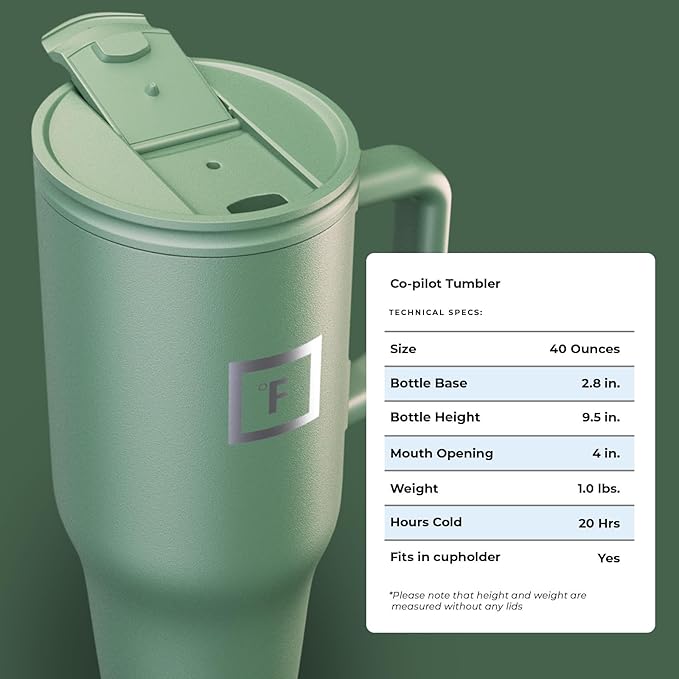 IRON °FLASK Co-Pilot Insulated Mug w/Straw & Flip Cap Lids - Cup Holder Bottle for Hot, Cold Drink - Leak-Proof- Water, Coffee Portable Travel Tumbler - Sage, 40 Oz - Bloomnest