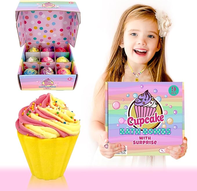 9 Pack Cupcake Bath Bombs for Kids with Surprise Inside, Kids Bath Salts with Jewelry Inside for Princess Girls, Super Large Kids Bath Balls for Children… - Bloomnest