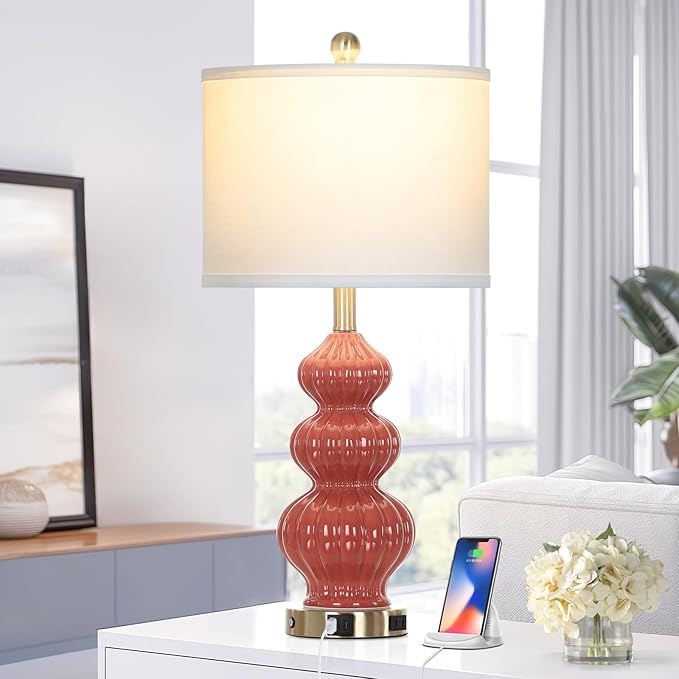 26" Triple Gourd Ceramic Table Lamps Set of 2,Modern Orange Bedside Lamps USB A+C Ports & AC Outlet -Ceramic Nightstand Lamps for Bedroom, 3 Way Touch Control Contemporary Living Room End Tables - Bloomnest