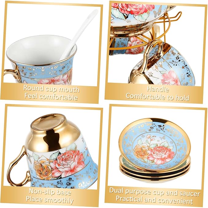 Zhehao 20 Pcs Porcelain Tea Set with Metal Holder and Spoon Adult Ceramic Tea Set European Flower Painting Teapot Cup Saucer Spoon for Women, Large Version(Simplicity Style) - Bloomnest