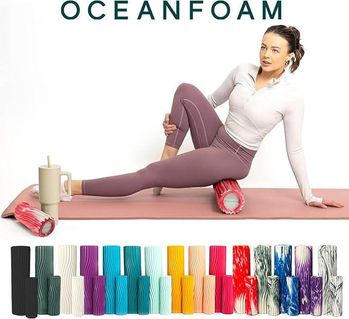 Oceanfoam Ripple Travel Foam Roller (11" x 3.35") Firm Mini Foam Roller for Physical Therapy, Deep Tissue Massage, Back Pain - High Density, Ergonomic Wave Textured - Yoga, Exercise (Red Marbled) - Bloomnest