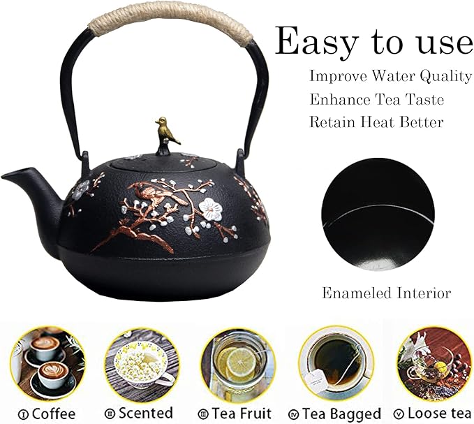 Cast Iron Teapot SECHUDO Teapot for Stovetop Safe Coated with Enameled Interior,Japanese Beautiful Tea Kettle with Stainless Steel Infuser for Loose Tea (40.6oz/1200ml) - Bloomnest