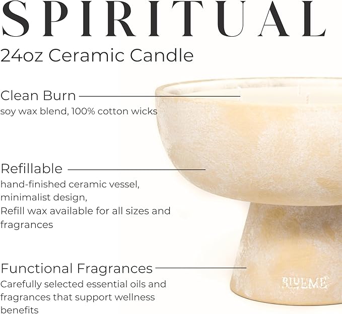 BLUEME Spiritual-Palo Santo & Vetiver, 5 Wick, Refillable Wellness Candle, Contains Essential Oil, Sustainable, Hand Finished, Hand Poured, Premium, Luxury Ceramic, Natural Cotton Wick, Soy-Wax Blend - Bloomnest