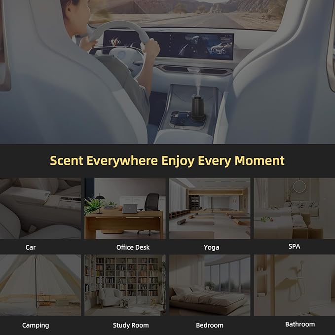 Waterless Oil Diffuser, Portable Car Diffusers for Essential Oils, Wireless Diffusers with 3 Mist Levels & Timer, ABS Material, Starry Night Light for Car Home Office, Includes 3 Scent Oils - Bloomnest