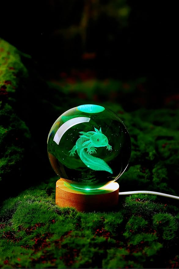 Axolotl Lamp,3.15 inch Axolotl Crystal Ball Lamp,Upgraded 3D K9 Axolotl Crystal Ball Night Light with Wooden Base,16 Colors Change with Remote Control, Axolotl Glass Ball Lamp,Axolotl Gift (E) - Bloomnest
