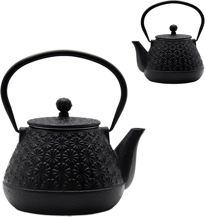 20.3oz Small Cast Iron Teapot, SECHUDO Tea Kettle for Stovetop Safe Coated with Enameled Interior, Japanese Style Tea Pot with Stainless Steel Infuser for Loose Tea (Black Gerbera Pattern) - Bloomnest