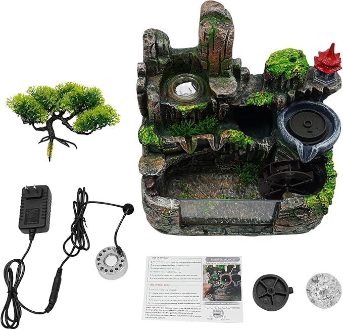 Indoor Water Fountain Desktop Waterfall Bonsai Tabletop Fountains with Color LED Light Atomizing Humidifier with Rockery Stream Plants for Home Office Bedroom (F) - Bloomnest