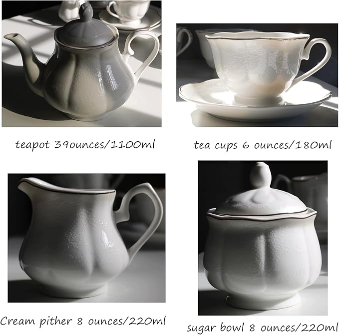 GuangYang 15-pcs Porcelain Tea sets for Adults, Off White Embossed Pattern with Gold Trim (A set Included 1 Teapot, 1 Sugar Bowl, 1 Cream Pitcher, 6 Cups and 6 Saucers) - Bloomnest