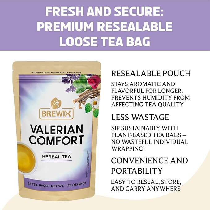 BREWIX, Valerian Comfort Tea for Sleep and Relaxation (25 Pyramid Bags) Caffeine-Free and Calming for Bedtime | Valerian Root, Chamomile & Lavender | Perfect Wellness Sleep - Bloomnest