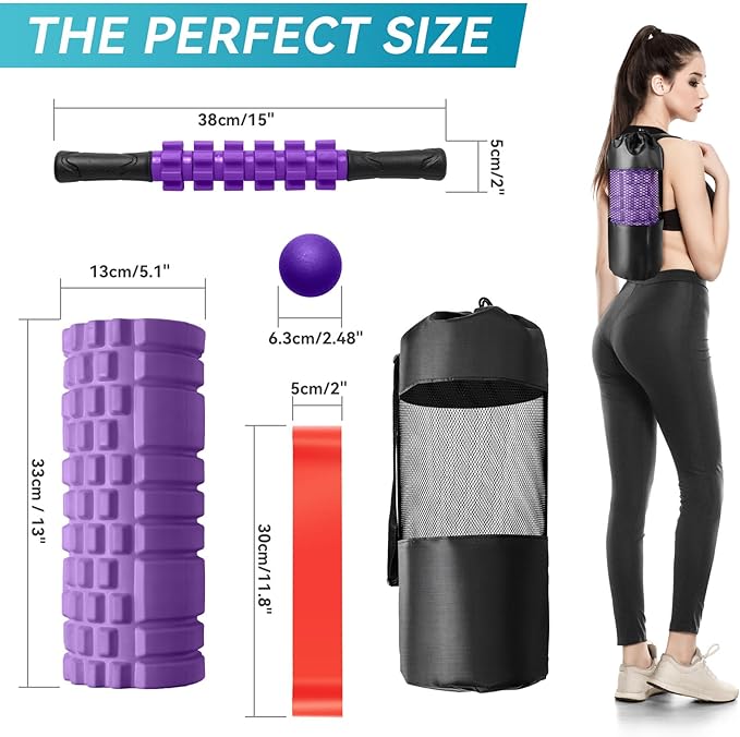 5 in1 Foam Roller Set, High Density Deep Tissue Massager for Muscle Massage, Massage Roller, Massage Ball, Resistance Band for Whole Body Physical Therapy Deep Muscle Massage (Purple) - Bloomnest