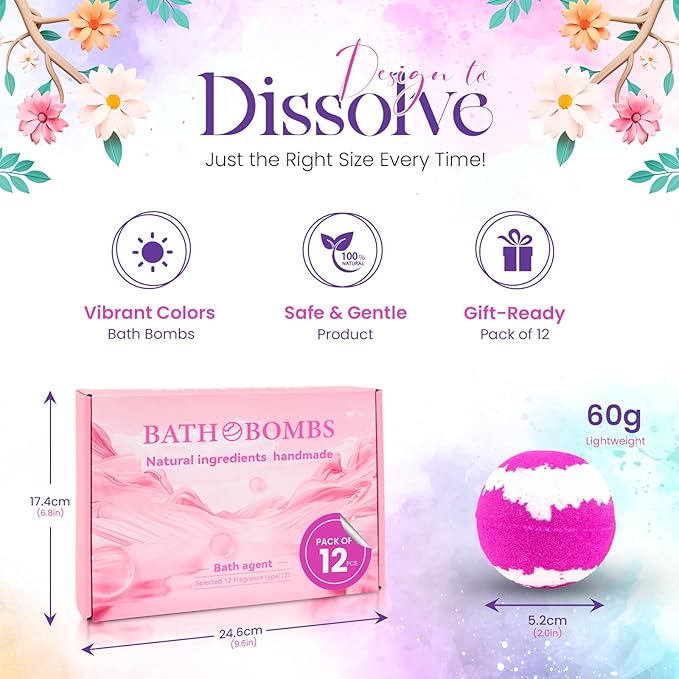 Bath Bombs for Women Pack of 12 Handmade for Women Gift Set, All Natural with Essential Oils, Shea Butter & Luxurious Bubbles - Relaxing Bath Bombs for Adults, Spa Fizzies, Moisturizing Bath Balls - Bloomnest