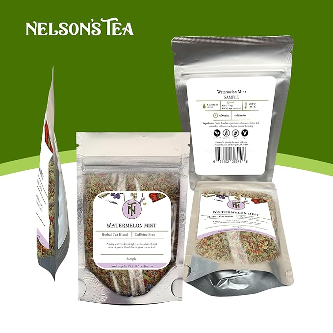 Nelson's Tea Watermelon Mint Tea Loose Leaf - Caffeine Free Green Rooibos Tea with Spearmint, Echinacea, Linden Leaf, Coriander, Safflower and Eucalyptus (Sample 0.4 Oz) - Bloomnest