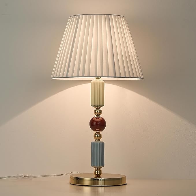 White Fabric Shade Table Lamp Modern Metal Desk Lamp with Plug Cord Switch for Bedroom Bedside - Bloomnest