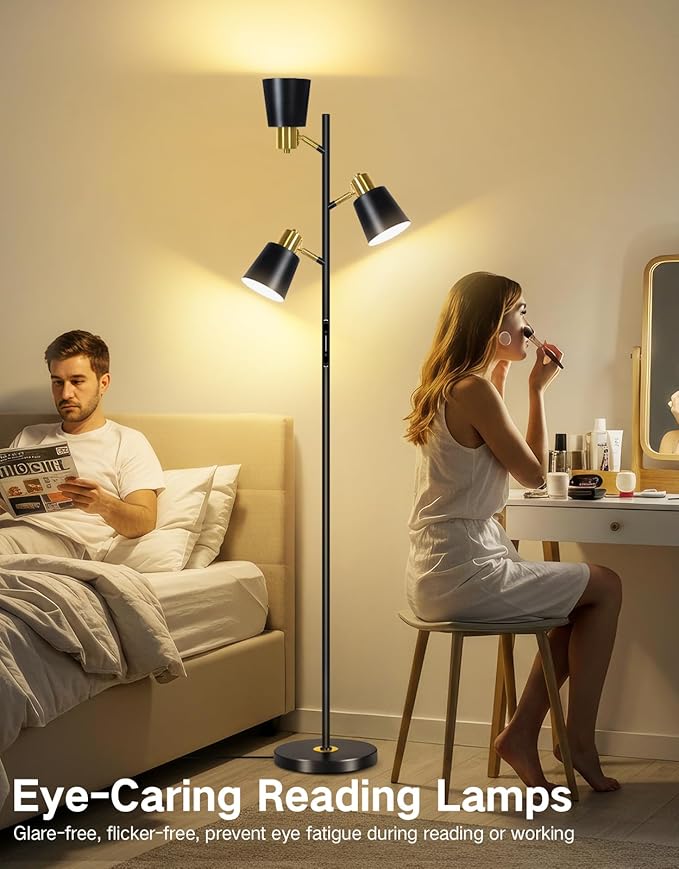 OUTON LED Tree Floor Lamp, Modern Dimmable Standing Lamp with Remote & Touch Control, 4 Color Temperatures, 3 Rotatable Lights Floor Lamps for Living Room, Bedroom, Office, Black & Gold - Bloomnest