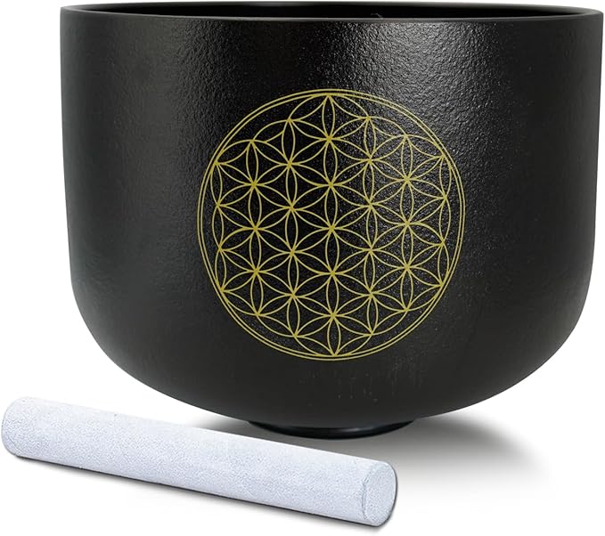 12" C Note Life of Flower Black Crystal Singing Bowl Base Root Chakra Quartz Singing Bowl Meditation Sound Healing with Suede Striker O-ring - Bloomnest