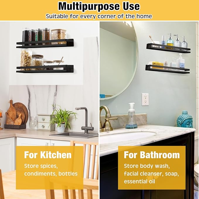 Lallisa 2 Pieces Stainless Steel Shelf Bathroom Shower Floating Shelves Wall Mounted Shower Caddy Basket Shelf Storage Organizer Shelves for Bathroom, Kitchen, Living Room(19.69 Inches/ 50 cm,Black) - Bloomnest