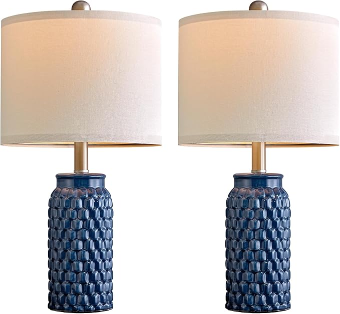 20.5 inches Modern Ceramic Dark Blue Bedside Lamp Set of 2 for Bedroom Decor Farmhouse Table Lamp for Living Room Office Dorm - Bloomnest