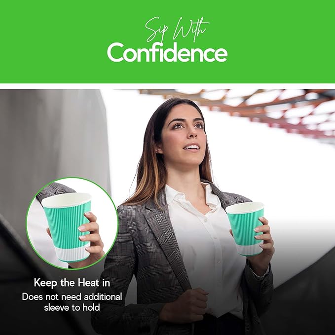 Restaurantware 12 Ounce Ripple Wall Disposable Coffee Cups, 500 Insulated Midnight Light Green Paper Tumblers with Rolled Rim Design, Lids Sold Separately for Hot Drinks like Tea, Hot Chocolate - Bloomnest