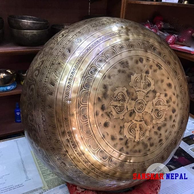 Large Singing Bowl - 21 Inches in Diameter - Foot Singing Bowl to Stand In Etched by Artisans from Nepal - For Healing, Sound Bath, Yoga, Relaxation, and Meditation