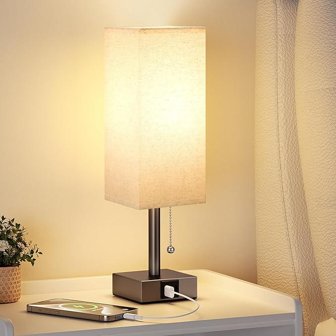 aooshine Beige Small Table Lamp for Bedroom - 3 Color Temperature 3000K 5000K 4000K Bedside Lamp, Pull Chain Control, USB A and C Ports, Brown Base, Bulb Included - Bloomnest