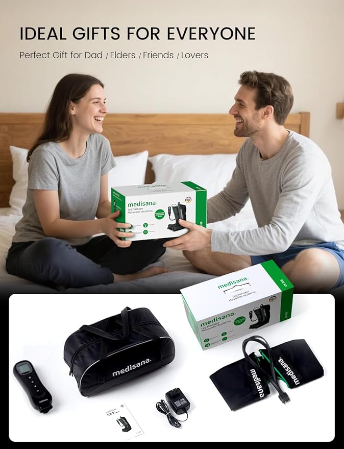Medisana Leg Massagers with Heat and Compression, Leg Massager for Circulation and Pain Relief, Foot and Calf Massager Machine for Edema, Relax Recover-Birthday Gifts for Dad Men Mom Women