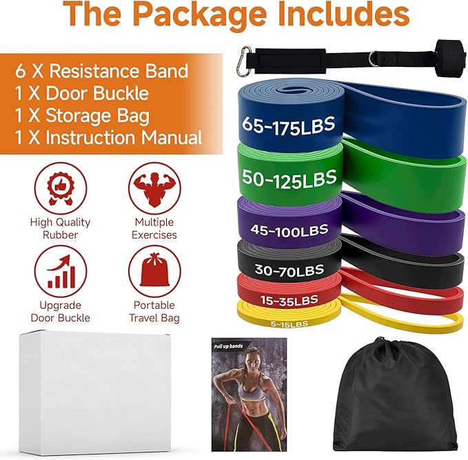 Resistance Bands Set with Door Anchor, Multi-Levels Pull Up Assistance Bands, Exercise Bands for Working Out, Stretching, Muscle Training, Physical Therapy (Men/Women) - Bloomnest