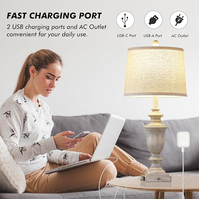 27.5" Set of 2 Farmhouse Table Lamps for Bedroom, 3 Way Dimmable Bedside Lamp with 2 USB +AC Outlet Nightstand Lamps for Living Room Resin Rustic Touch Lamps (Antique Gray) - Bloomnest