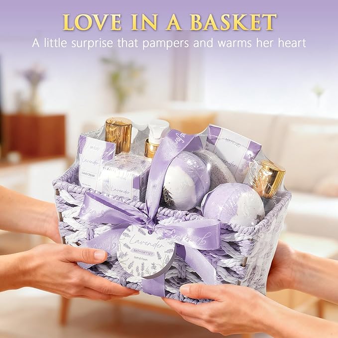 Birthday Gifts for Women, Lavender Relaxing Spa Gift Baskets for Women Self Care Package Bath Gift Set, Home Bath and Body Kit Pamper Valentines Day Gifts for Her Womens Mom Friends Wife Girlfriend - Bloomnest