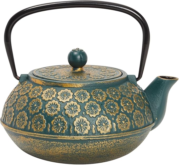Juvale Cast Iron Tea Kettle with Infuser - 34 oz, Sage Green Floral - Loose Leaf Tea Infuser Pot & Japanese Cast Iron Teapot