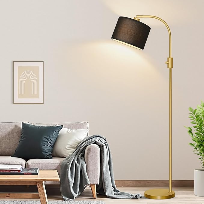 【Upgraded】 Dimmable Gold Floor Lamp, 1200 Lumens LED Bulb Included, Arc Floor Lamps for Living Room Modern Standing Lamp with Black Shade, Tall Lamp for Living Room Bedroom Office Reading Room Nursery - Bloomnest