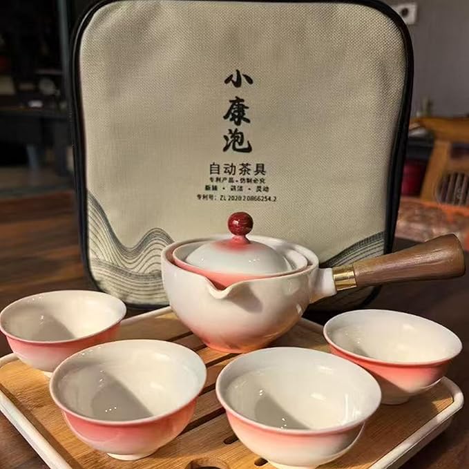 Ceramic Portable Travel Tea Set, Chinese Kungfu Tea Set with 360 Rotation Teapot and Infuser, 4 Tea Cups, Tea Tray And Travel Bag (Gradient Red) - Bloomnest