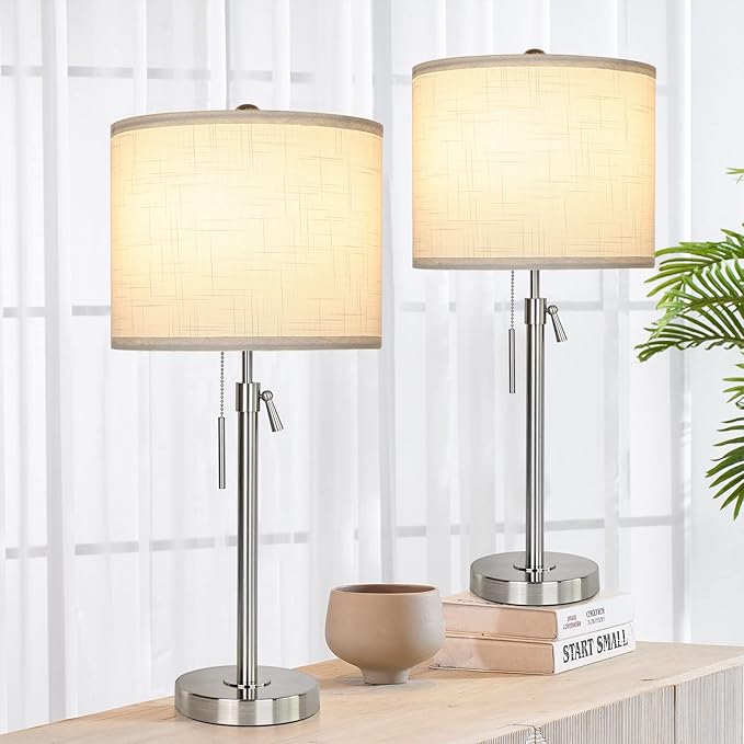 Brushed Nickel Table Lamps Set of 2: 22" to 30" Height Adjustable Nightstand Lamps with White Linen Shade | Pull Chain Switch | Silver Pole Beside Lamp for Living Room Bedroom - Bloomnest