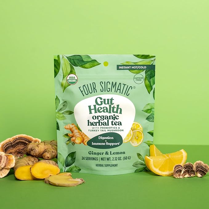 Four Sigmatic Gut Health Organic Herbal Tea | Organic Lemon Ginger Tea with Probiotics & Turkey Tail Mushroom | Instant Digestive Tea | Vegan, Gluten-Free | Lemon Ginger, 24 Servings - Bloomnest